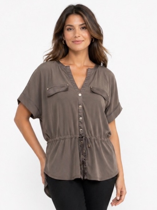 White House Black Market Tops - Short Sleeve Drawstring Utility Tunic Blouse - Taupe Brown Office Chic